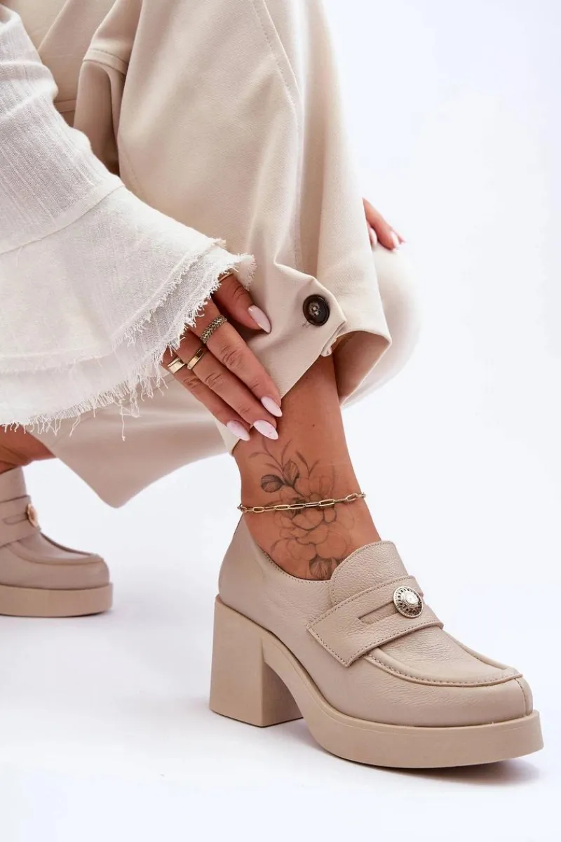 Półbuty Skórzane>Boto Skórzane Półbuty Damskie Na Słupku Beżowe Lemar Dunadia Beżowy