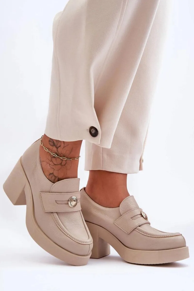 Półbuty Skórzane>Boto Skórzane Półbuty Damskie Na Słupku Beżowe Lemar Dunadia Beżowy