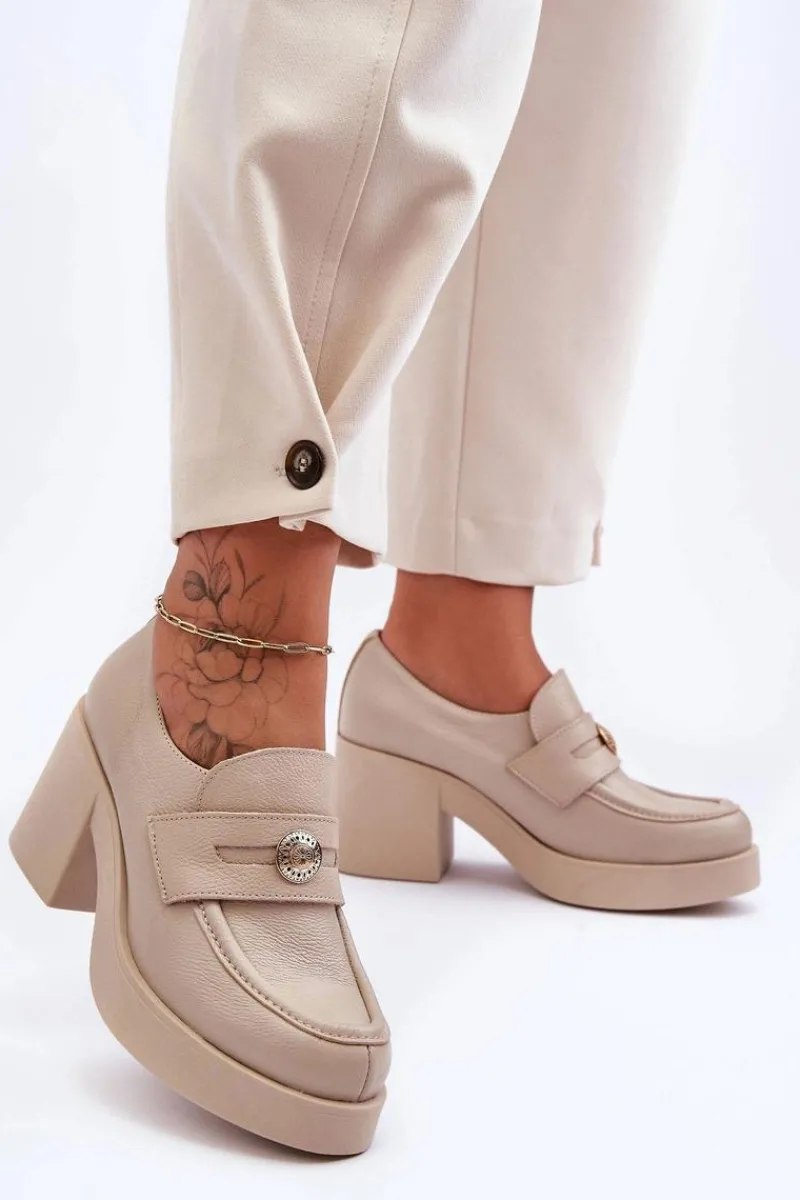 Półbuty Skórzane>Boto Skórzane Półbuty Damskie Na Słupku Beżowe Lemar Dunadia Beżowy