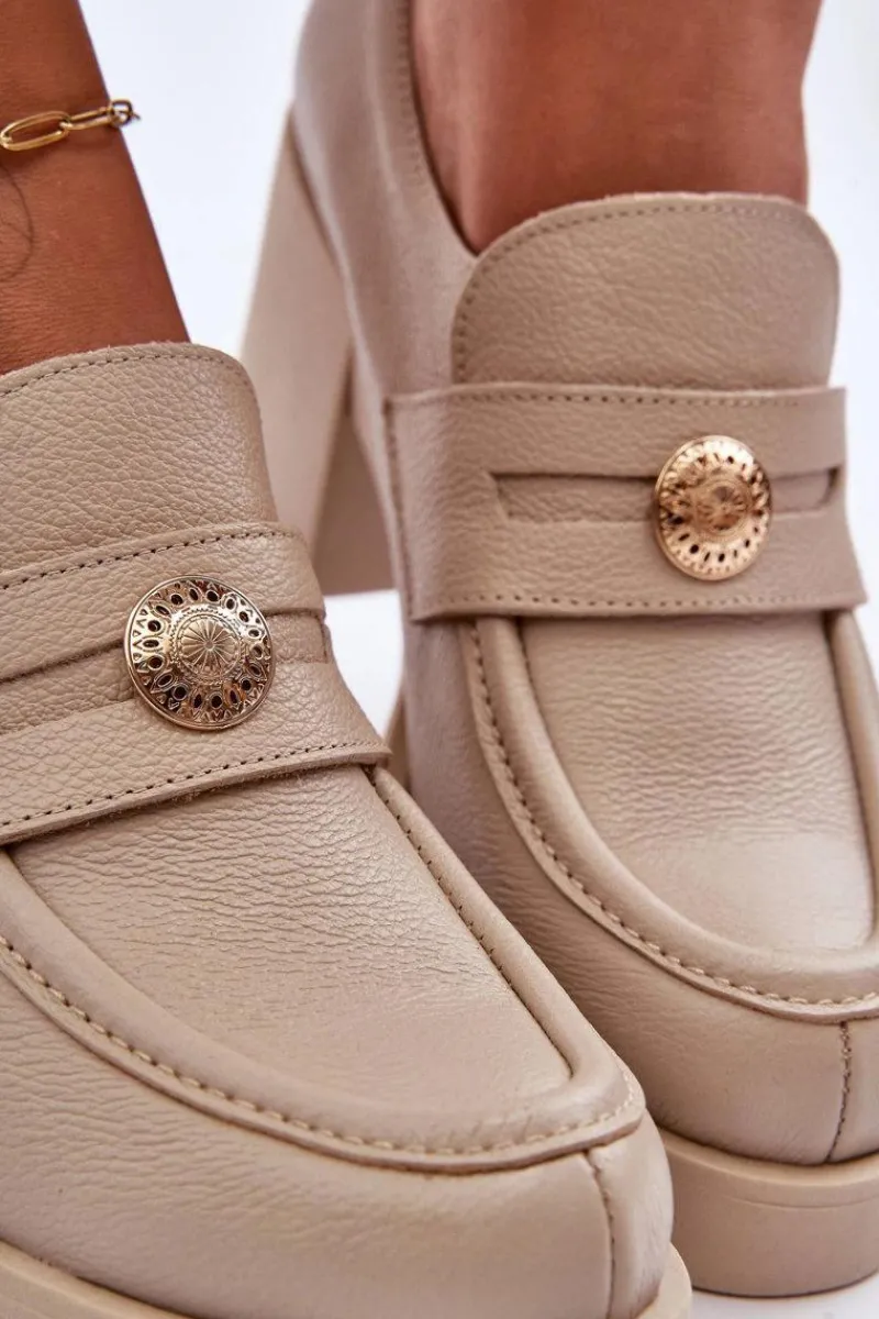 Półbuty Skórzane>Boto Skórzane Półbuty Damskie Na Słupku Beżowe Lemar Dunadia Beżowy