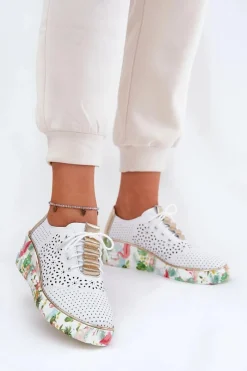 Buty Sportowe Na Platformie|Półbuty Skórzane>Artiker Skórzane Półbuty Damskie Na Koturnie 56C1800 Biało-Złote