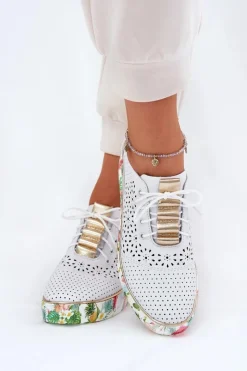 Buty Sportowe Na Platformie|Półbuty Skórzane></noscript>Artiker Skórzane Półbuty Damskie Na Koturnie 56C1800 Biało-Złote