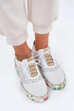 Buty Sportowe Na Platformie|Półbuty Skórzane></noscript>Artiker Skórzane Półbuty Damskie Na Koturnie 56C1800 Biało-Złote