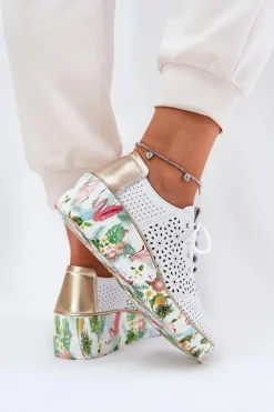 Buty Sportowe Na Platformie|Półbuty Skórzane></noscript>Artiker Skórzane Półbuty Damskie Na Koturnie 56C1800 Biało-Złote