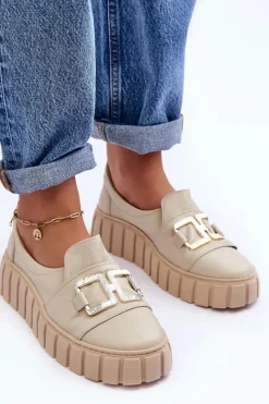 Best Boto Skórzane Półbuty Damskie Na Platformie Beżowe Lewski 3398 Beżowy