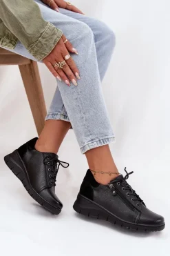 Outlet Buty damskie Vinceza Skórzane Półbuty Damskie Na Koturnie Vinceza 39964 Czarne Czarny