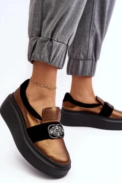 Outlet Skórzane Półbuty Damskie Na Platformie Z Ozdobą 2697/744-300 Złote Damskie Półbuty Skórzane