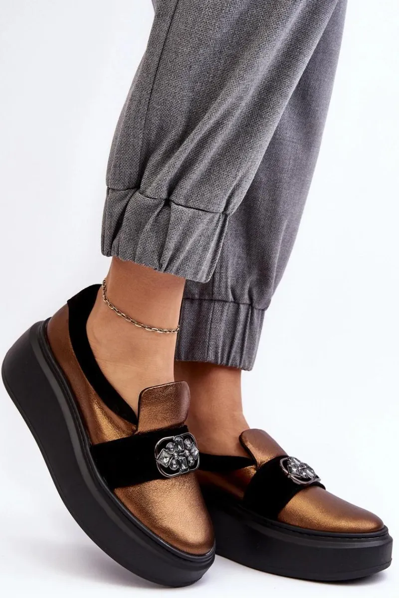 Outlet Skórzane Półbuty Damskie Na Platformie Z Ozdobą 2697/744-300 Złote Damskie Półbuty Skórzane