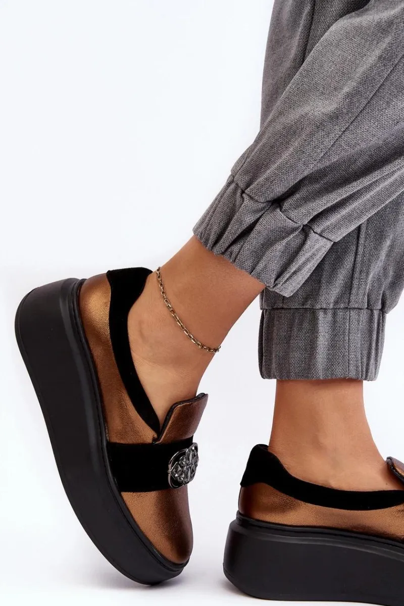 Outlet Skórzane Półbuty Damskie Na Platformie Z Ozdobą 2697/744-300 Złote Damskie Półbuty Skórzane