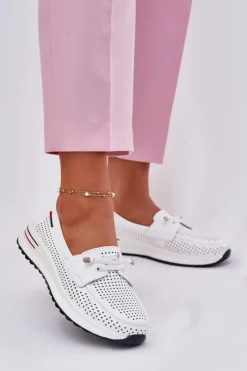 Półbuty Skórzane>Evento Skórzane Półbuty Damskie Na Platformie Białe Violeth