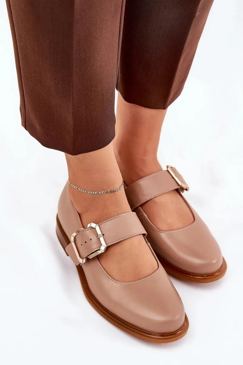 Best Skórzane Półbuty Damskie Z Klamrą 2980 Ciemnobeżowe Damskie Półbuty Skórzane