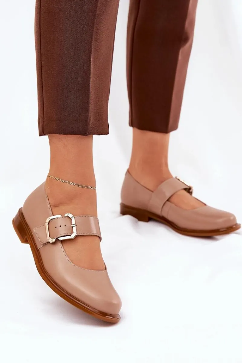 Best Skórzane Półbuty Damskie Z Klamrą 2980 Ciemnobeżowe Damskie Półbuty Skórzane