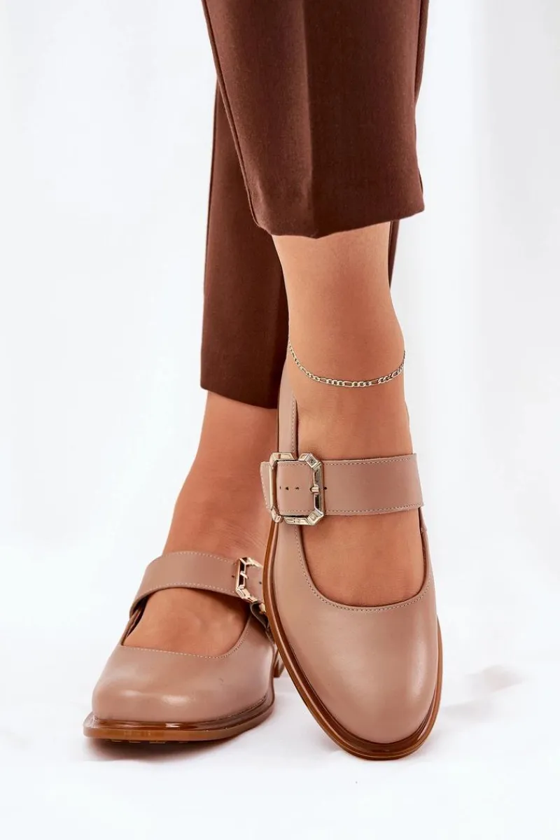 Best Skórzane Półbuty Damskie Z Klamrą 2980 Ciemnobeżowe Damskie Półbuty Skórzane