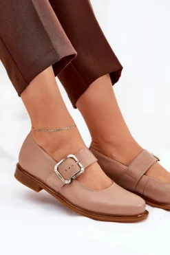 Best Skórzane Półbuty Damskie Z Klamrą 2980 Ciemnobeżowe Damskie Półbuty Skórzane