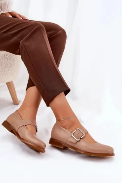 Best Skórzane Półbuty Damskie Z Klamrą 2980 Ciemnobeżowe Damskie Półbuty Skórzane