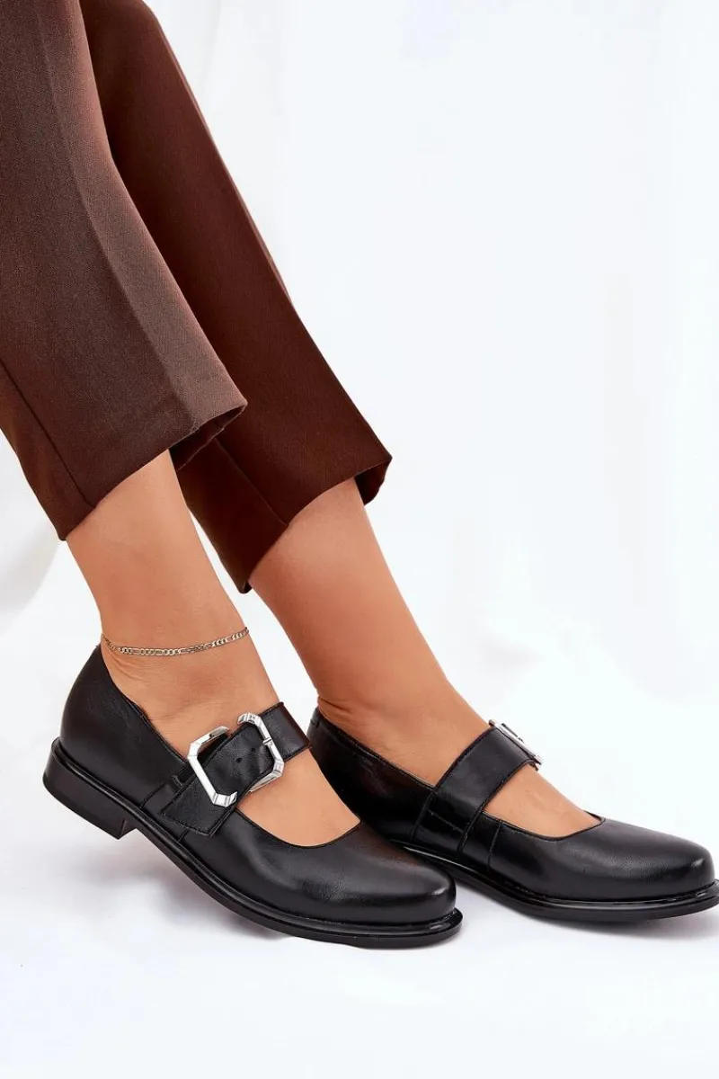 Sale Laura Messi Skórzane Półbuty Damskie Z Klamrą 2980 Czarne Czarny