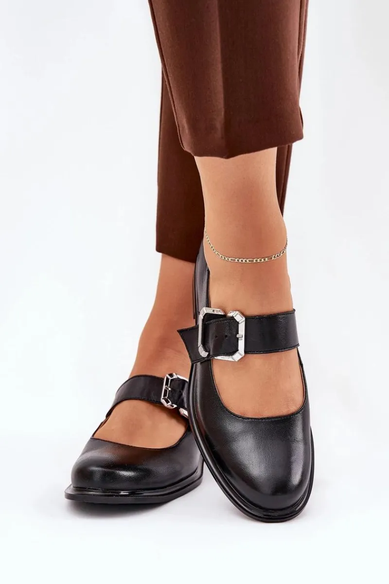 Sale Laura Messi Skórzane Półbuty Damskie Z Klamrą 2980 Czarne Czarny