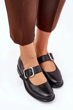 Sale Laura Messi Skórzane Półbuty Damskie Z Klamrą 2980 Czarne Czarny