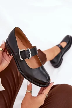 Sale Laura Messi Skórzane Półbuty Damskie Z Klamrą 2980 Czarne Czarny