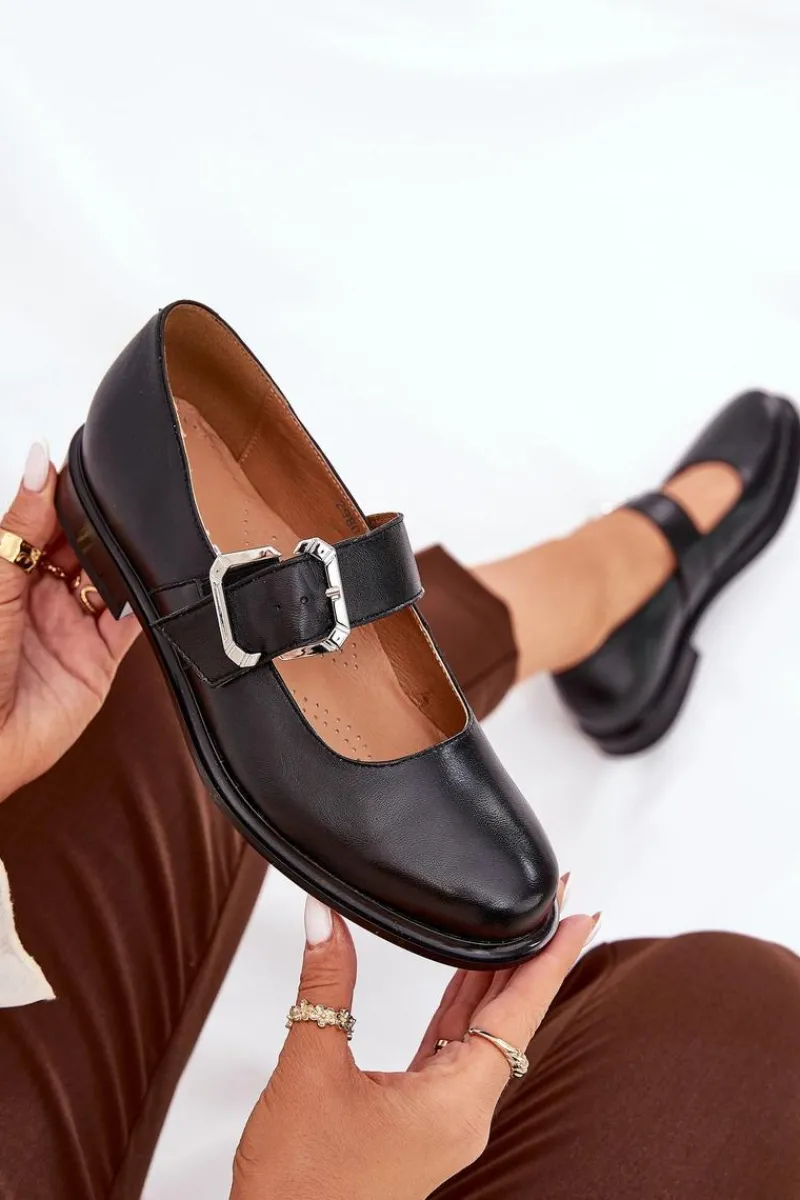 Sale Laura Messi Skórzane Półbuty Damskie Z Klamrą 2980 Czarne Czarny