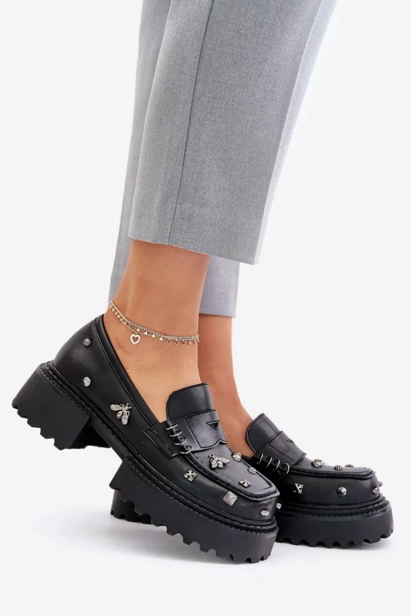 Online Damskie buty S.Barski Skórzane Półbuty Damskie Z Ozdobami D&A MR880-102 Czarne Czarny