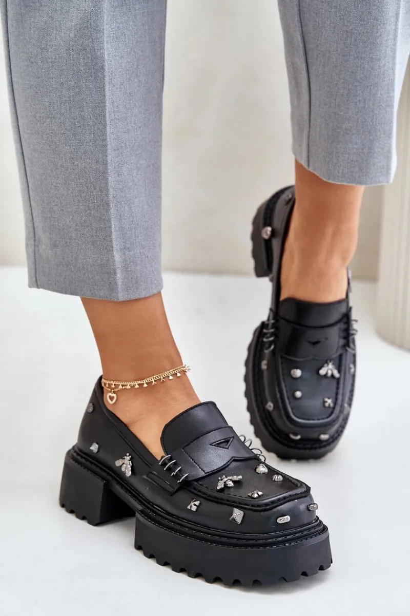 Online Damskie buty S.Barski Skórzane Półbuty Damskie Z Ozdobami D&A MR880-102 Czarne Czarny