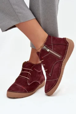 New Skórzane Półbuty Damskie Z Przeszyciami Na Zamek 57C2116 Bordowe Damskie Półbuty Skórzane