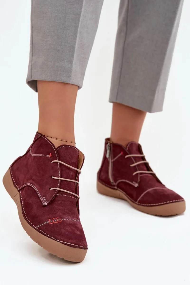 New Skórzane Półbuty Damskie Z Przeszyciami Na Zamek 57C2116 Bordowe Damskie Półbuty Skórzane