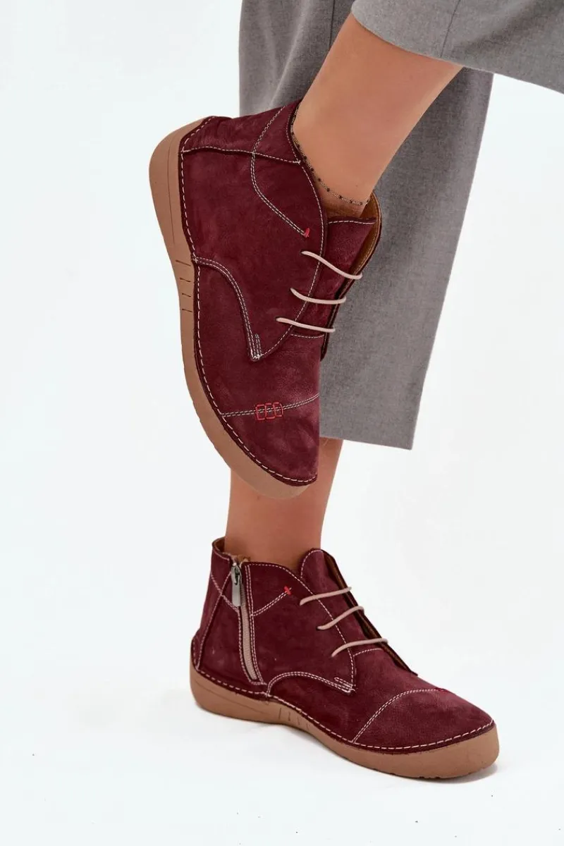New Skórzane Półbuty Damskie Z Przeszyciami Na Zamek 57C2116 Bordowe Damskie Półbuty Skórzane