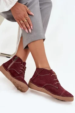 New Skórzane Półbuty Damskie Z Przeszyciami Na Zamek 57C2116 Bordowe Damskie Półbuty Skórzane