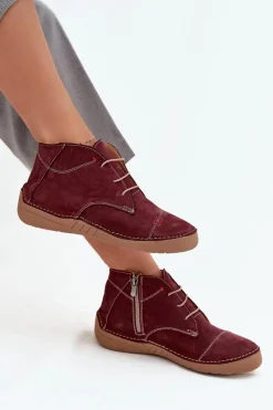 New Skórzane Półbuty Damskie Z Przeszyciami Na Zamek 57C2116 Bordowe Damskie Półbuty Skórzane