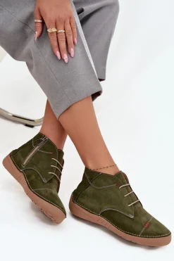 Clearance Artiker Skórzane Półbuty Damskie Z Przeszyciami Na Zamek 57C2119 Zielone Zielony