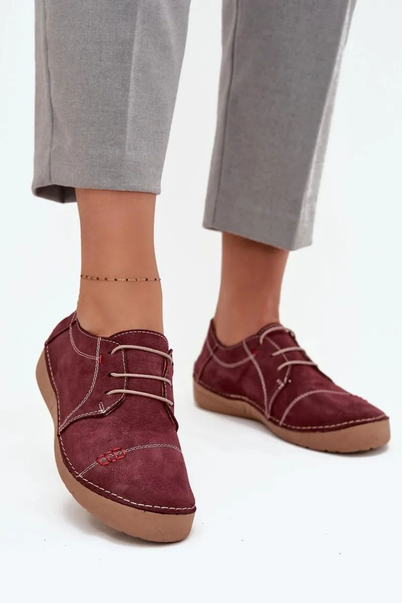 New Artiker Skórzane Półbuty Damskie Z Przeszyciami 57C2111 Bordowe Czerwony