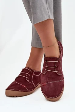 New Artiker Skórzane Półbuty Damskie Z Przeszyciami 57C2111 Bordowe Czerwony