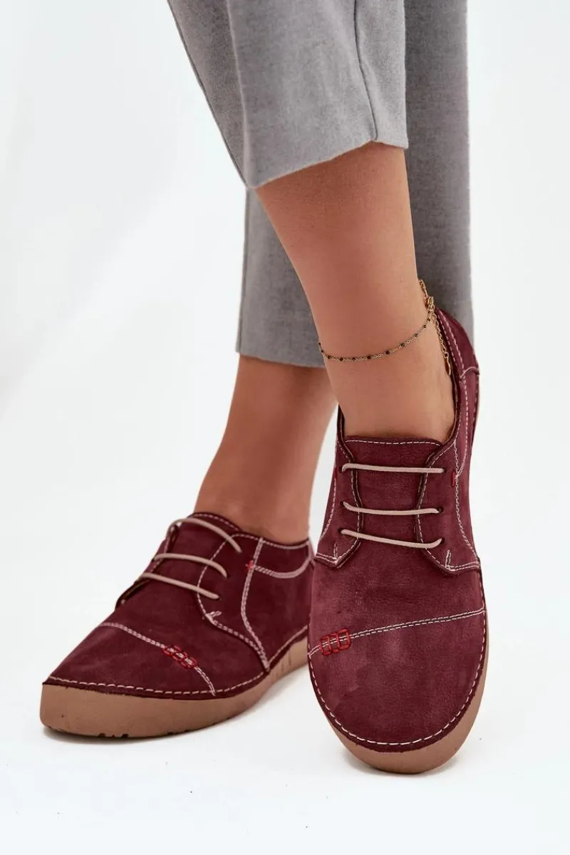 New Artiker Skórzane Półbuty Damskie Z Przeszyciami 57C2111 Bordowe Czerwony