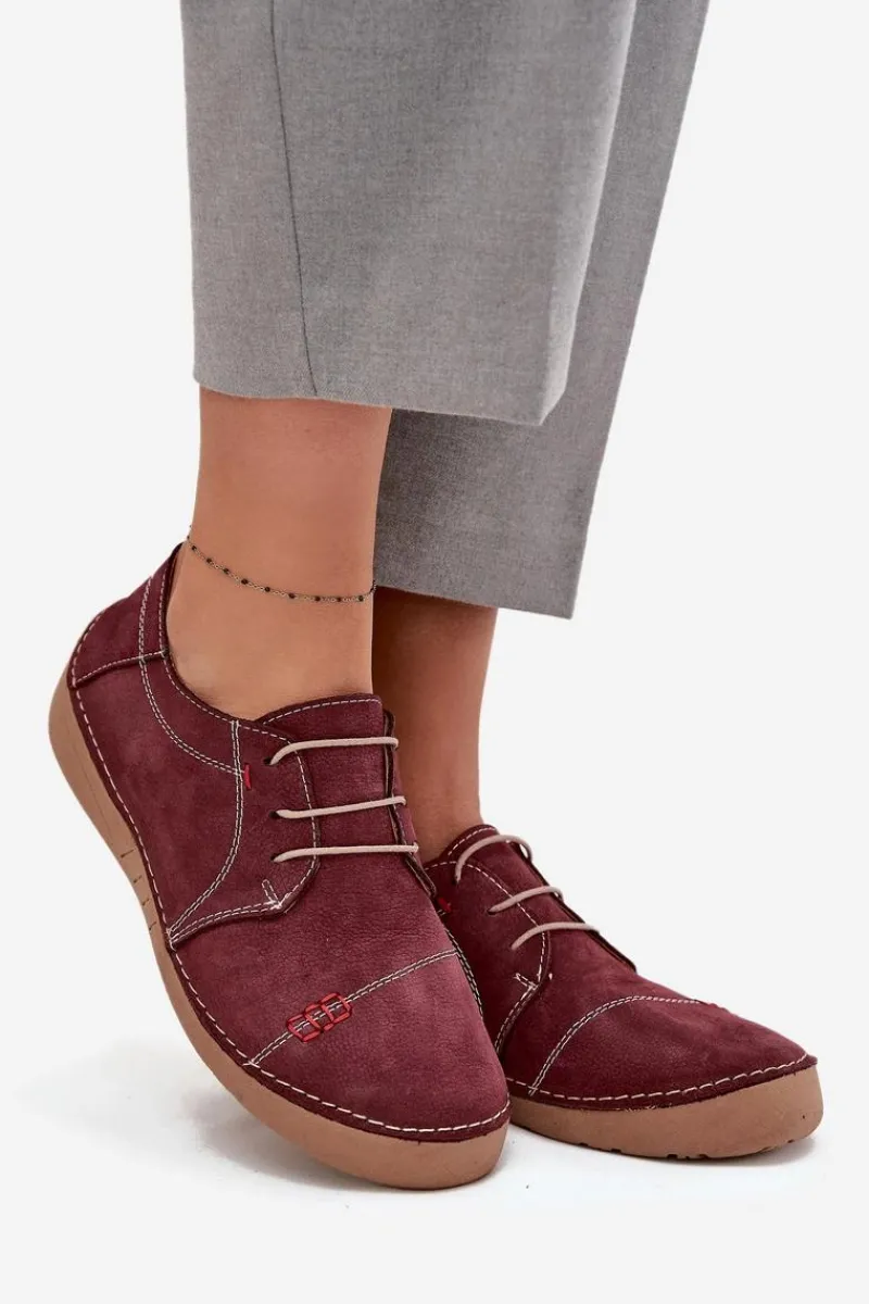 New Artiker Skórzane Półbuty Damskie Z Przeszyciami 57C2111 Bordowe Czerwony