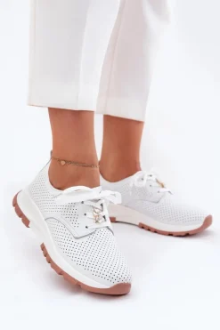 New Skórzane Półbuty Damskie Z Przypinką 54C1810 Białe Damskie Buty Sportowe Na Platformie|Półbuty Skórzane