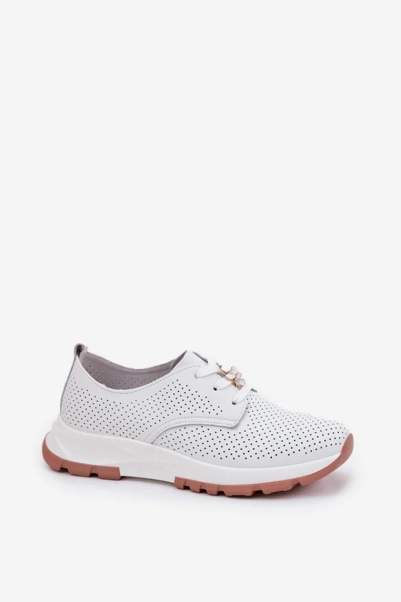 New Skórzane Półbuty Damskie Z Przypinką 54C1810 Białe Damskie Buty Sportowe Na Platformie|Półbuty Skórzane