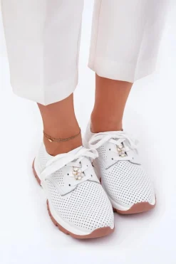 New Skórzane Półbuty Damskie Z Przypinką 54C1810 Białe Damskie Buty Sportowe Na Platformie|Półbuty Skórzane
