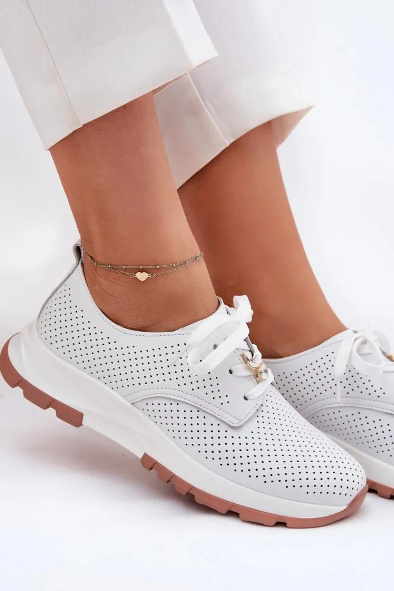 New Skórzane Półbuty Damskie Z Przypinką 54C1810 Białe Damskie Buty Sportowe Na Platformie|Półbuty Skórzane