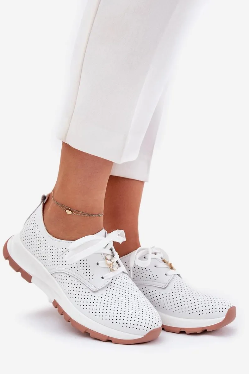 New Skórzane Półbuty Damskie Z Przypinką 54C1810 Białe Damskie Buty Sportowe Na Platformie|Półbuty Skórzane