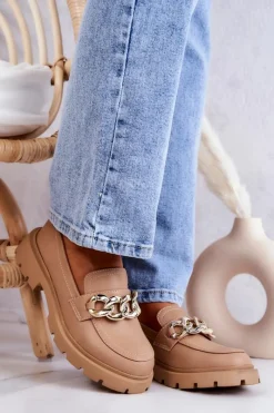 Sale Boto Skórzane Półbuty Loafery Łańcuch Ciemnobeżowe Amicable