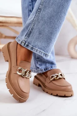 Sale Boto Skórzane Półbuty Loafery Łańcuch Ciemnobeżowe Amicable