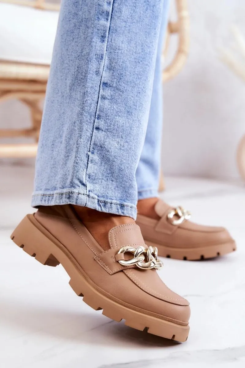 Sale Boto Skórzane Półbuty Loafery Łańcuch Ciemnobeżowe Amicable