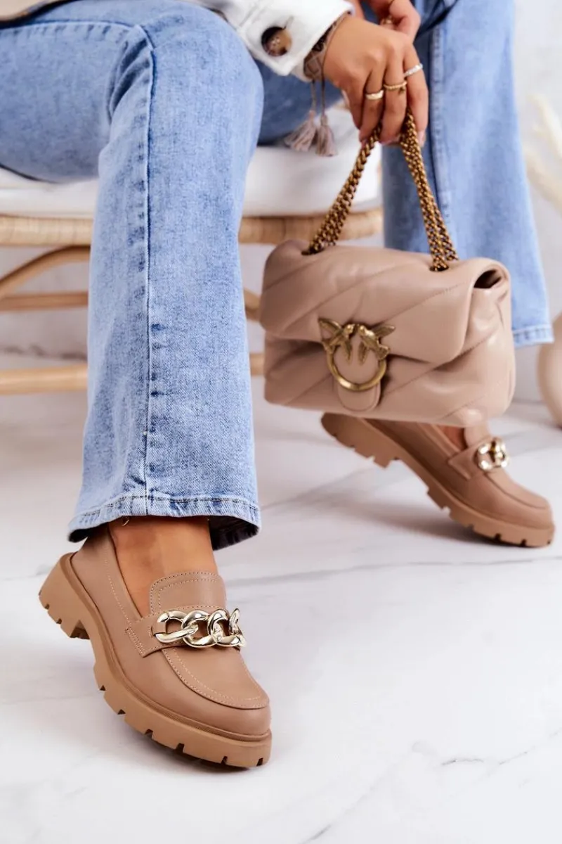 Sale Boto Skórzane Półbuty Loafery Łańcuch Ciemnobeżowe Amicable