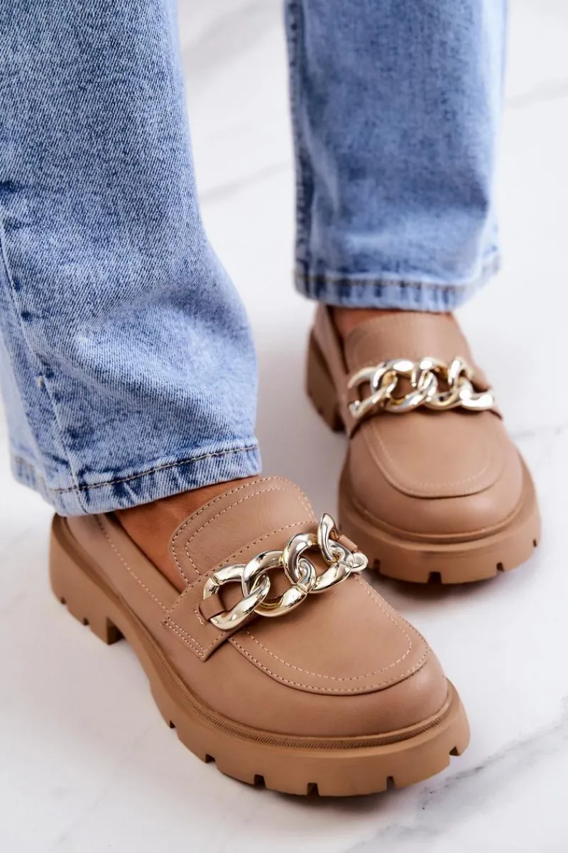 Sale Boto Skórzane Półbuty Loafery Łańcuch Ciemnobeżowe Amicable