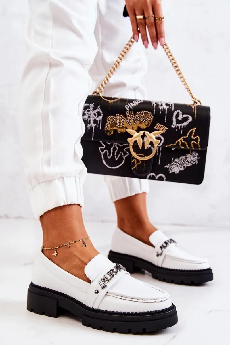 Sale Skórzane Półbuty Loafery Literki La.Fi 210001W-PU Białe Damskie Mokasyny Damskie Skórzane