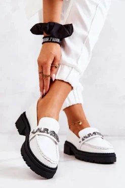 Sale Skórzane Półbuty Loafery Literki La.Fi 210001W-PU Białe Damskie Mokasyny Damskie Skórzane