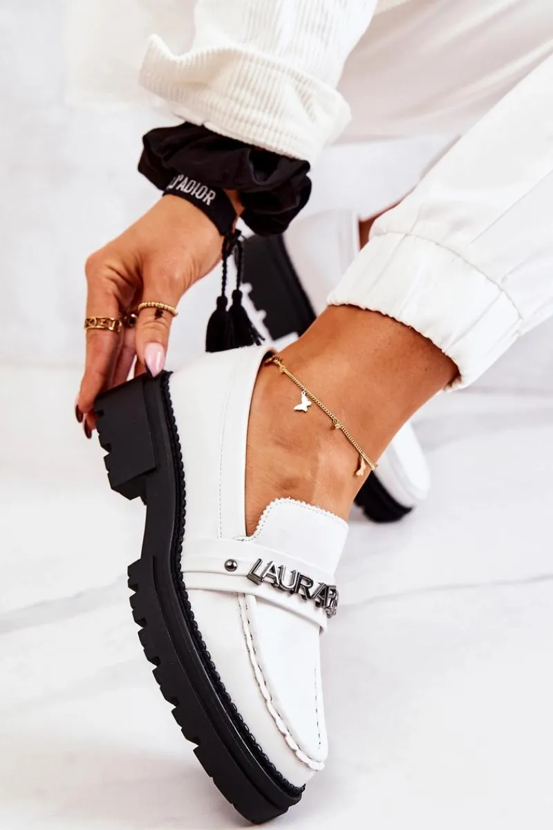 Sale Skórzane Półbuty Loafery Literki La.Fi 210001W-PU Białe Damskie Mokasyny Damskie Skórzane