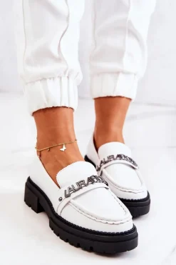 Sale Skórzane Półbuty Loafery Literki La.Fi 210001W-PU Białe Damskie Mokasyny Damskie Skórzane